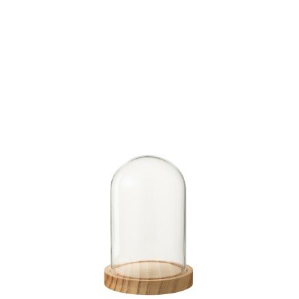 Cloche décorative socle bois beige en verre transparent 11.5x11.5x16cm
